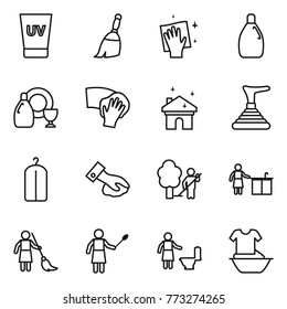 Thin line icon set : uv cream, broom, wiping, cleanser, dish, house cleaning, plunger, dry wash, garden, kitchen, brooming, woman with duster, toilet, handle washing