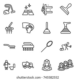 thin line icon set : vacuum cleaner, clean floor, skyscrapers cleaning, scraper, wiping, plunger, brush, duster, toilet, home call, outsource