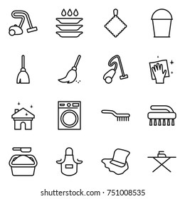 thin line icon set : vacuum cleaner, plate washing, rag, bucket, broom, wiping, house cleaning, machine, brush, powder, apron, floor, iron board