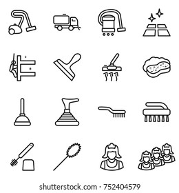 thin line icon set : vacuum cleaner, sweeper, clean floor, skyscrapers cleaning, scraper, sponge with foam, plunger, brush, toilet, duster, outsource