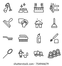 Thin Line Icon Set : Vacuum Cleaner, Clean Floor, Skysrcapers Cleaning, Skyscrapers, Scraper, Wiping, House, Plunger, Brush, Toilet Cleanser, Duster, Home Call, Outsource