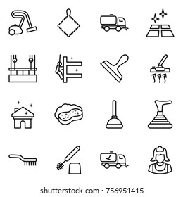 Thin line icon set : vacuum cleaner, rag, sweeper, clean floor, skysrcapers cleaning, skyscrapers, scraper, house, sponge with foam, plunger, brush, toilet, home call