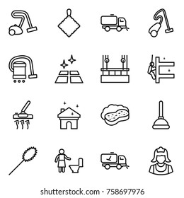 Thin line icon set : vacuum cleaner, rag, sweeper, clean floor, skysrcaper cleaning, skyscrapers, house, sponge with foam, plunger, duster, toilet, home call