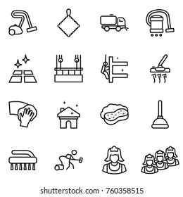 Thin line icon set : vacuum cleaner, rag, sweeper, clean floor, skysrcapers cleaning, skyscrapers, wiping, house, sponge with foam, plunger, brush, outsource