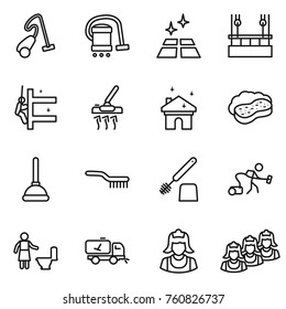 Thin line icon set : vacuum cleaner, clean floor, skysrcapers cleaning, skyscrapers, house, sponge with foam, plunger, brush, toilet, home call, outsource