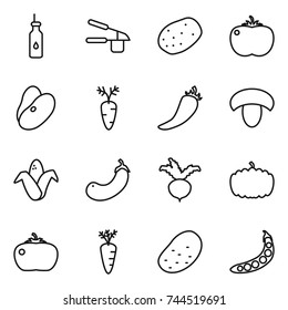 thin line icon set : vegetable oil, garlic clasp, potato, tomato, beans, carrot, hot pepper, mushroom, corn, eggplant, beet, pumpkin, peas