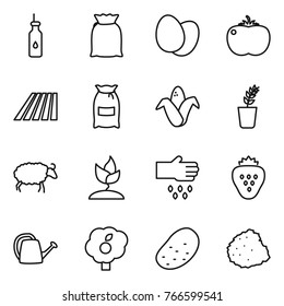 Thin line icon set : vegetable oil, flour, eggs, tomato, field, corn, seedling, sheep, sprouting, sow, strawberry, watering can, garden, potato, pile of garbage