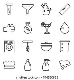 thin line icon set : vial, funnel, cleanser, level, acid, chemical, cocktail, drop, washing machine, corkscrew, cauldron, measuring cup, sponge, liquid soap, spot