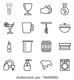 thin line icon set : vial, wineglass, acid, chemical, cocktail, cup, corkscrew, cauldron, vegetable oil, measuring, barrel, sponge, dish cleanser, liquid soap, spot, washing machine