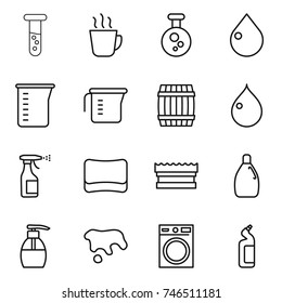 thin line icon set : vial, hot drink, chemical, drop, measuring cup, barrel, sprayer, sponge, cleanser, liquid soap, spot, washing machine, toilet