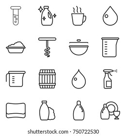 thin line icon set : vial, cleanser, hot drink, drop, washing, corkscrew, cauldron, measuring cup, barrel, sprayer, sponge, shampoo, dish
