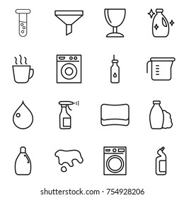 thin line icon set : vial, funnel, wineglass, cleanser, hot drink, washing machine, vegetable oil, measuring cup, drop, sprayer, sponge, shampoo, spot, toilet