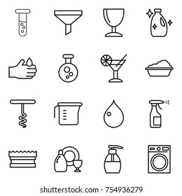 thin line icon set : vial, funnel, wineglass, cleanser, acid, chemical, cocktail, washing, corkscrew, measuring cup, drop, sprayer, sponge, dish, liquid soap, machine