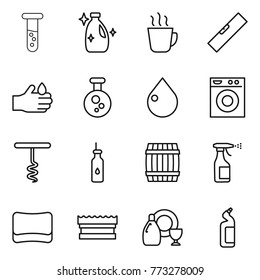 Thin line icon set : vial, cleanser, hot drink, level, acid, chemical, drop, washing machine, corkscrew, vegetable oil, barrel, sprayer, sponge, dish, toilet