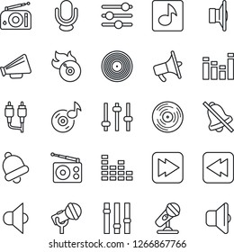 Thin Line Icon Set - vinyl vector, flame disk, microphone, radio, speaker, loudspeaker, settings, equalizer, fast forward, rewind, rca, tuning, bell, mute, music, sound