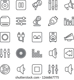 Thin Line Icon Set - vinyl vector, microphone, speaker, loudspeaker, settings, equalizer, pause button, stop, rewind, rca, hdmi, tuning, record, sound