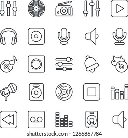 Thin Line Icon Set - vinyl vector, flame disk, microphone, radio, speaker, settings, equalizer, headphones, play button, stop, rewind, rec, tuning, bell, record, music, sound