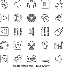 Thin Line Icon Set - vinyl vector, flame disk, microphone, speaker, loudspeaker, settings, equalizer, headphones, pause button, fast forward, rewind, rec, rca, hdmi, tuning, sound