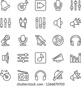 Thin Line Icon Set - vinyl vector, flame disk, microphone, radio, speaker, loudspeaker, settings, equalizer, headphones, fast forward, rca, tuning, bell, mute, music, advertising