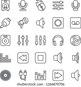 Thin Line Icon Set - vinyl vector, flame disk, microphone, speaker, settings, equalizer, headphones, stop button, fast forward, rewind, rca, hdmi, tuning, record, sound