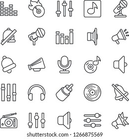 Thin Line Icon Set - vinyl vector, flame disk, microphone, radio, speaker, loudspeaker, settings, equalizer, headphones, rca, tuning, bell, mute, music, sound, advertising