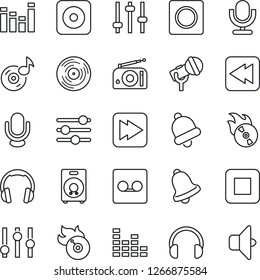 Thin Line Icon Set - vinyl vector, flame disk, microphone, radio, settings, equalizer, headphones, speaker, stop button, fast forward, rewind, rec, tuning, bell, record, music, sound
