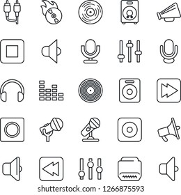 Thin Line Icon Set - vinyl vector, flame disk, microphone, speaker, loudspeaker, settings, equalizer, headphones, stop button, fast forward, rewind, rec, rca, hdmi, tuning, record, sound