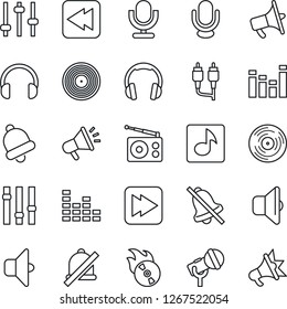 Thin Line Icon Set - vinyl vector, flame disk, microphone, radio, loudspeaker, settings, equalizer, headphones, fast forward, rewind, rca, tuning, bell, mute, music, sound, advertising