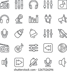 Thin Line Icon Set - vinyl vector, microphone, radio, speaker, loudspeaker, settings, equalizer, headphones, fast forward, rewind, rca, tuning, bell, mute, music, sound