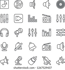 Thin Line Icon Set - vinyl vector, microphone, radio, speaker, loudspeaker, settings, equalizer, headphones, fast forward, rca, tuning, bell, mute, music, sound, advertising