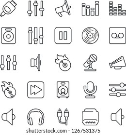 Thin Line Icon Set - vinyl vector, flame disk, microphone, speaker, loudspeaker, settings, equalizer, headphones, pause button, fast forward, rca, hdmi, tuning, record, sound