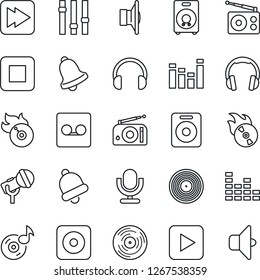 Thin Line Icon Set - vinyl vector, flame disk, microphone, radio, speaker, settings, equalizer, headphones, play button, stop, fast forward, rec, bell, record, music, sound