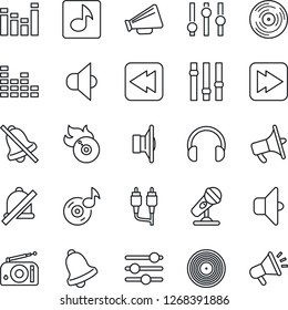 Thin Line Icon Set - vinyl vector, flame disk, microphone, radio, speaker, loudspeaker, settings, equalizer, headphones, fast forward, rewind, rca, tuning, bell, mute, music, sound, advertising