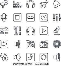 Thin Line Icon Set - vinyl vector, flame disk, microphone, radio, speaker, settings, equalizer, headphones, play button, stop, fast forward, rec, tuning, bell, record, music, sound