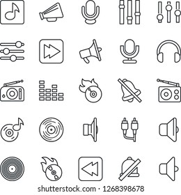 Thin Line Icon Set - vinyl vector, flame disk, radio, speaker, loudspeaker, settings, equalizer, microphone, headphones, fast forward, rewind, rca, tuning, mute, music, sound