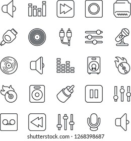 Thin Line Icon Set - vinyl vector, flame disk, microphone, speaker, settings, equalizer, pause button, fast forward, rewind, rca, hdmi, tuning, record, sound