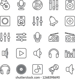 Thin Line Icon Set - vinyl vector, flame disk, microphone, radio, speaker, settings, equalizer, headphones, play button, rec, tuning, bell, record, music, sound