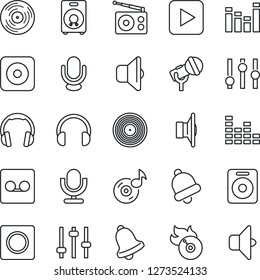 Thin Line Icon Set - vinyl vector, flame disk, microphone, radio, speaker, settings, equalizer, headphones, play button, rec, tuning, bell, record, music, sound
