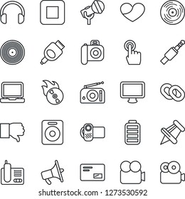 Thin Line Icon Set - vinyl vector, flame disk, camera, microphone, radio, loudspeaker, video, touch screen, headphones, monitor, laptop pc, phone, chain, speaker, finger down, heart, paper pin, mail