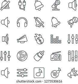 Thin Line Icon Set - vinyl vector, flame disk, microphone, radio, speaker, loudspeaker, settings, equalizer, headphones, rca, tuning, bell, mute, music, sound, advertising
