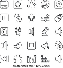 Thin Line Icon Set - vinyl vector, flame disk, microphone, speaker, loudspeaker, settings, equalizer, headphones, pause button, stop, rewind, rec, rca, hdmi, tuning, record, sound
