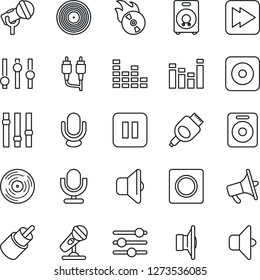Thin Line Icon Set - vinyl vector, flame disk, microphone, speaker, loudspeaker, settings, equalizer, pause button, fast forward, rec, rca, hdmi, tuning, record, sound