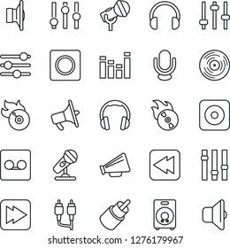 Thin Line Icon Set - vinyl vector, flame disk, microphone, speaker, loudspeaker, settings, equalizer, headphones, fast forward, rewind, rec button, rca, tuning, record, sound