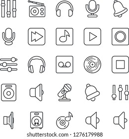 Thin Line Icon Set - vinyl vector, microphone, radio, speaker, settings, headphones, play button, stop, fast forward, tuning, bell, record, music, sound