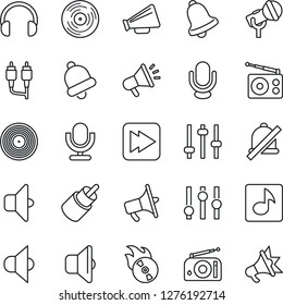 Thin Line Icon Set - vinyl vector, flame disk, microphone, radio, speaker, loudspeaker, settings, headphones, fast forward, rca, tuning, bell, mute, music, sound, advertising