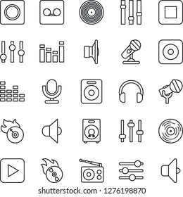 Thin Line Icon Set - vinyl vector, flame disk, microphone, radio, speaker, settings, equalizer, headphones, play button, stop, rec, tuning, record, sound