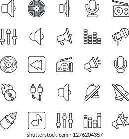 Thin Line Icon Set - vinyl vector, flame disk, microphone, radio, speaker, loudspeaker, settings, equalizer, rewind, rca, tuning, mute, music, sound, advertising