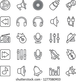 Thin Line Icon Set - vinyl vector, flame disk, microphone, radio, speaker, loudspeaker, settings, equalizer, headphones, fast forward, rewind, rca, tuning, bell, mute, music, sound, advertising
