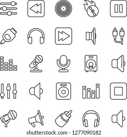 Thin Line Icon Set - vinyl vector, flame disk, microphone, speaker, loudspeaker, settings, equalizer, headphones, pause button, stop, fast forward, rewind, rca, hdmi, tuning, sound
