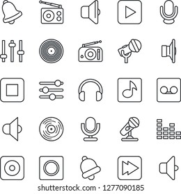 Thin Line Icon Set - vinyl vector, microphone, radio, speaker, equalizer, headphones, play button, stop, fast forward, rec, tuning, bell, record, music, sound